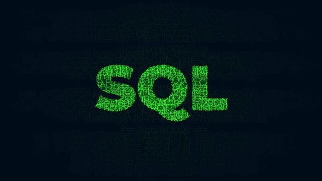 Sql database technology text animation made of digital code symbols for data storage and programming