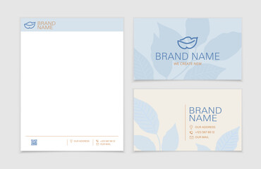 Set of corporate identity templates with a branch of leaves. Gentle colors for printing business card and letterhead. Vector set.