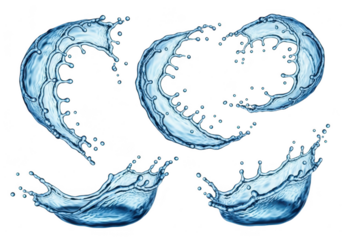 Dynamic blue water splashes frozen in motion against black background