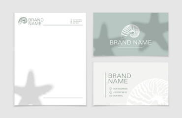 Set of corporate identity templates in marine style. Mollusk symbol for business card and letterhead. Vector set.