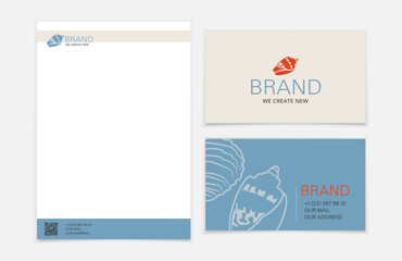 Set of corporate identity templates with a shell symbol. Double-sided business card and letterhead template. Vector set.
