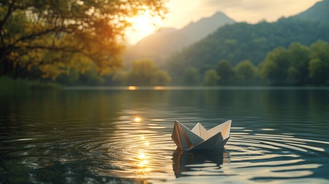 Paper boat on a serene lake at sunset, surrounded by trees and mountains - Powered by Adobe