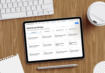 Tablet Screen Mockup with Stylus Pencil and Office Stationery Flatlay Isolated