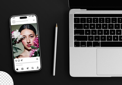 Phone Screen Mockup with Office Stationery Flatlay Isolated