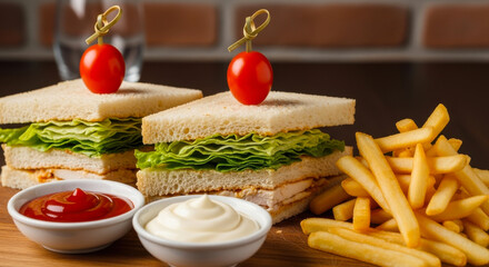 Delicious chicken club sandwiches with crispy french fries and dipping sauces ready for a tasty meal