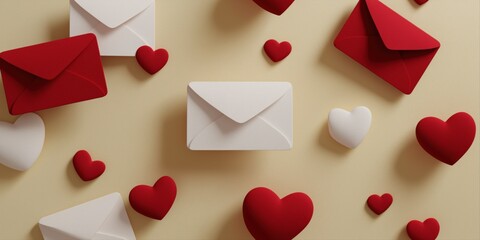 Romantic envelopes and hearts on beige background - love and affection