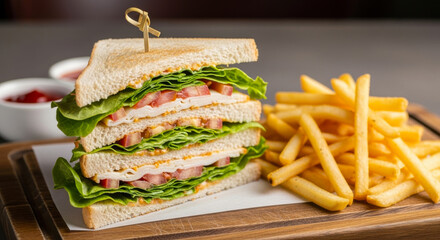 A delicious club sandwich with crispy fries, perfectly stacked layers and vibrant fresh ingredients