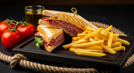 Delicious grilled sandwich with crispy fries, fresh tomatoes, and refreshing drink