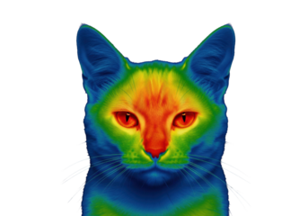 ultra-detailed thermogram of a domestic shorthair cat's head and shoulders against a black background, showing physiological heat data with sharp red and blue false-color mapping concept of thermal