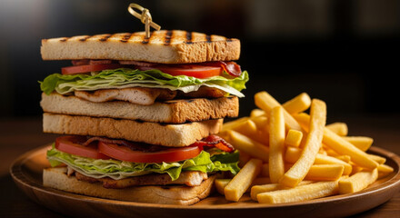 Deliciously stacked club sandwich with crispy golden french fries on a wooden plate
