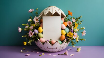 Decorative easter eggs arrangement with blank product label mockup
