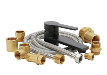 professional product photo of matte black zinc faucet handle and yellow brass plumbing fittings, highlighting sharp threading, against a transparent background with copy space. concept of technical