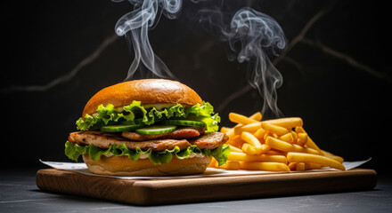 Steaming hot chicken burger with fresh lettuce and cucumber served with golden crispy french fries