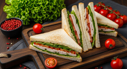 Freshly prepared club sandwiches with savory fillings and crisp vegetables on a rustic wooden board
