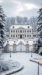 Warm glowing lanterns flank an intricate gateway leading to a stately mansion hidden in a quiet, frozen winter wonderland.