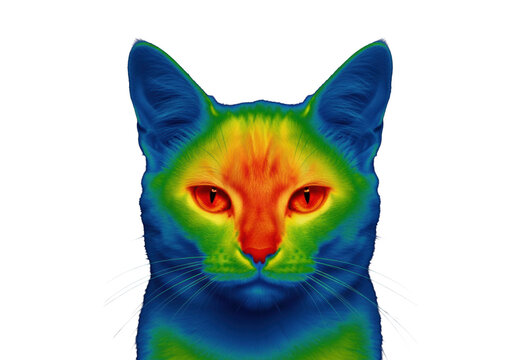 ultra-detailed thermogram of a domestic shorthair cat's head and shoulders against a black background, showing physiological heat data with sharp red and blue false-color mapping concept of thermal