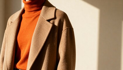 Stylish camel wool coat and orange turtleneck sweater. Autumn winter fashion outfit detail. Copy space for text