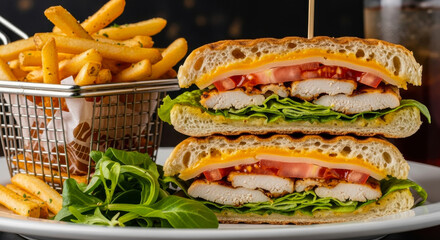 A delectable grilled chicken and cheese sandwich served with a side of crispy golden french fries