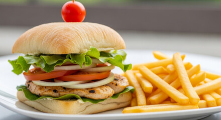 Delicious grilled chicken sandwich with fresh vegetables and golden french fries