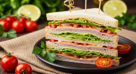 A delicious and fresh club sandwich with multiple layers of ham, lettuce, and tomato