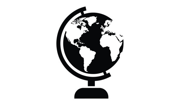A simple monochromatic illustration depicts a classic globe on a stand showcasing continents and oceans in a bold graphic style ideal for educational purposes