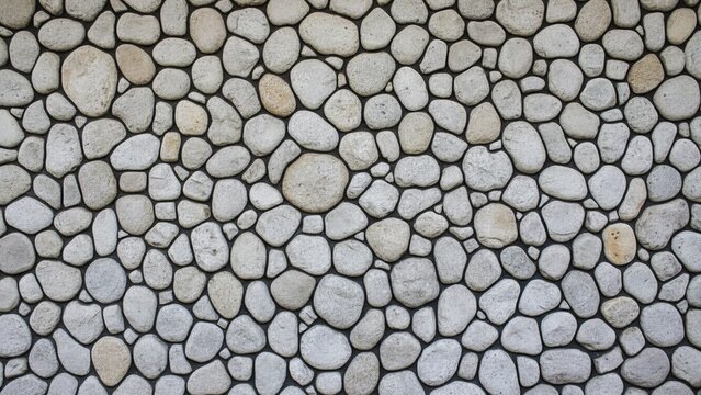 Intricate stone wall composed of smooth, oval-shaped gray and beige river rocks set in dark mortar.