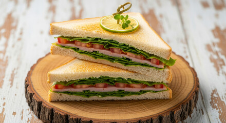 Delicious and fresh club sandwich halves served on a rustic wooden platter for a perfect meal