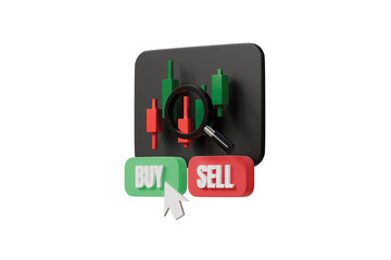 3d trading laptop icon. buy sell concept. minimal cartoon candlestick chart cursor buttons for online stock trading. isolated on white transparent background. 3d render.