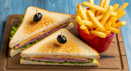 Delicious toasted club sandwiches with savory ham, cheese, and fresh lettuce, served with crispy golden french fries