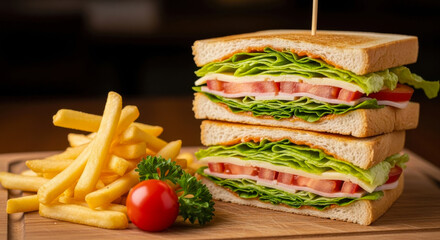 A perfectly layered club sandwich with fresh ingredients served alongside golden french fries