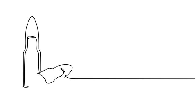 Bullet Cartridge continuous one line drawing, simple line minimalist 4k animation video, Single continuous line drawing of a bullets. Continuous line military bullet single line vector shot bullet pro