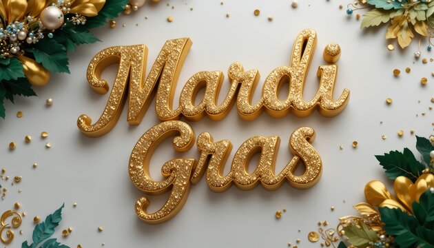 Shimmering gold Mardi Gras script framed by festive floral adornments, capturing celebratory brass and glam for event branding.