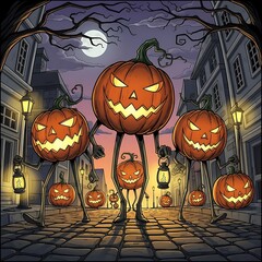Sinister pumpkin-headed figures with thin black limbs parade through a mysterious old town street decorated for a dark Halloween.