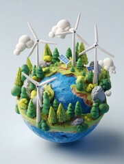 Miniature claymation planet showing clean energy sources and nature