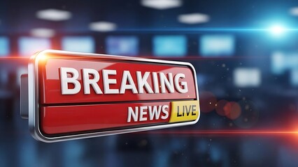 Captivating 3D rendering of a 'Breaking News Live' sign glowing in a futuristic media studio, symbolizing real-time information and an immediate live broadcast