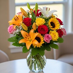 Elegant centerpiece of mixed seasonal flowers with vibrant petals and green leaves in a simple clear glass vase.