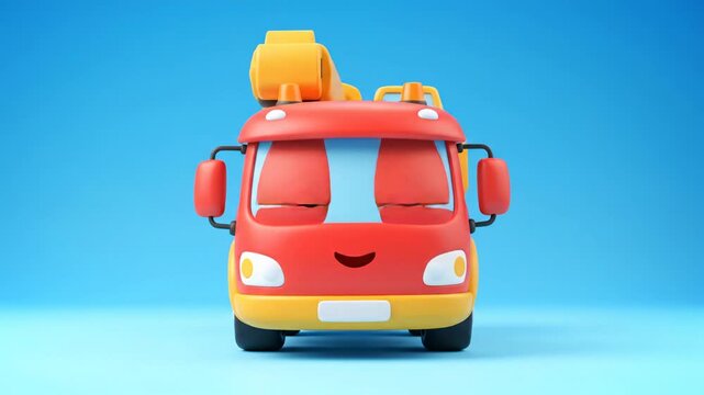 Adorable cartoon fire truck character with big friendly eyes and a smile, rendered in 3D, isolated on a bright blue background. Perfect for children's themes.