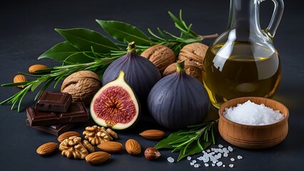 Moody culinary display featuring fresh figs, sea salt, rosemary, and dark chocolate squares on a dark slate tabletop.