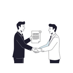 Fototapeta premium Two businessmen shaking hands and exchanging an agreement document in a professional setting