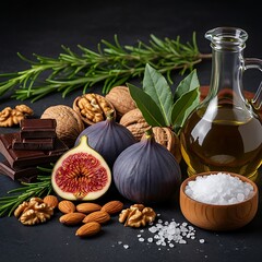 Moody culinary display featuring fresh figs, sea salt, rosemary, and dark chocolate squares on a dark slate tabletop.