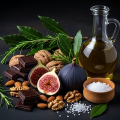 Moody culinary display featuring fresh figs, sea salt, rosemary, and dark chocolate squares on a dark slate tabletop.