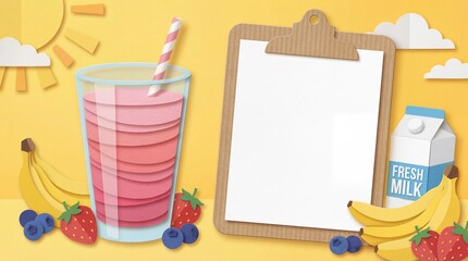 Strawberry smoothie glass with blank clipboard and fresh fruit ingredients in paper cut style on yellow background