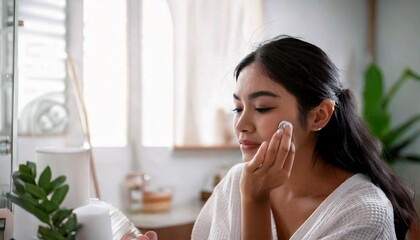 Young woman applying skincare product to her face in a serene bathroom setting.