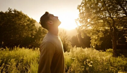 Young man standing in a serene meadow at sunrise.