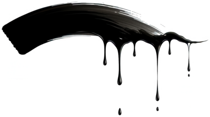 Dynamic black liquid paint stroke with glossy dripping drops and curved trail