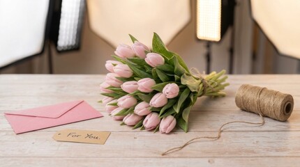 A bouquet of pink tulips sits on a table next to a pink envelope that says "For You."