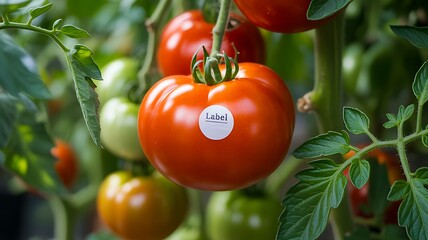 Ripe tomato with blank label growing on vine in garden
