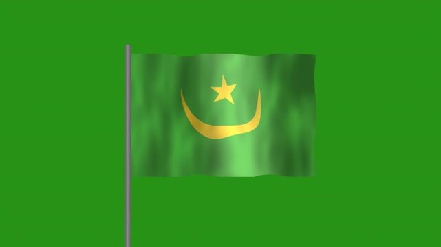 Flag of Mauritania, Pole flag of Mauritania on Green screen chroma key, Mauritania 3D Animation flag waving in the wind isolated on Green Background. 

