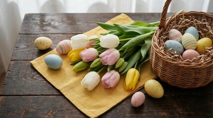 A basket of Easter eggs sits on a table next to a yellow cloth and a bouquet of flowers