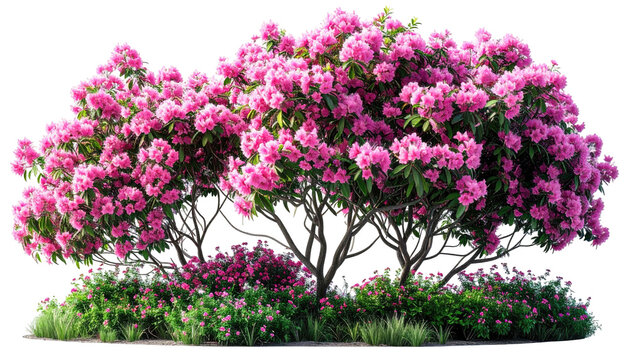 Profuse pink azaleas bush with green foliage on a transparent background